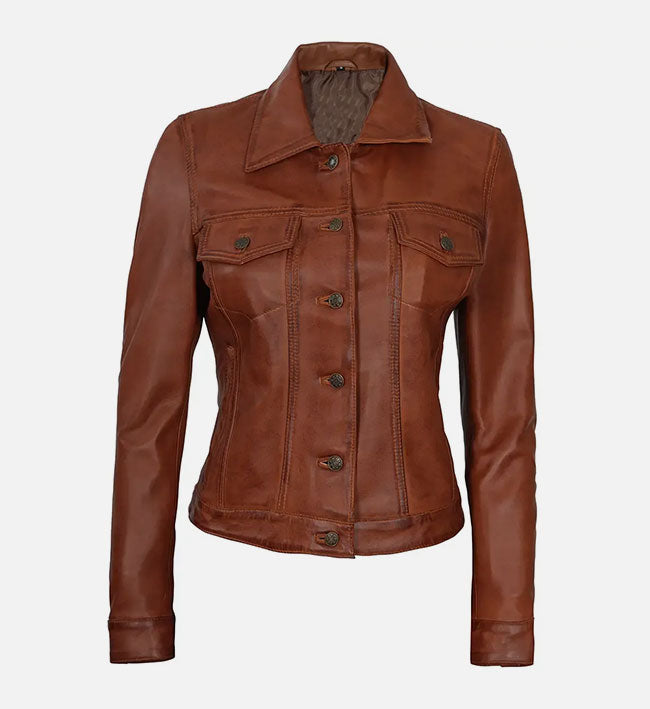 Women’s Sheepskin Leather Trucker Jacket – Brown, Black & Purple