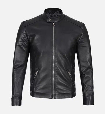 Men’s Sheepskin Leather Jacket – Black with Quilted Sleeves and Shoulders