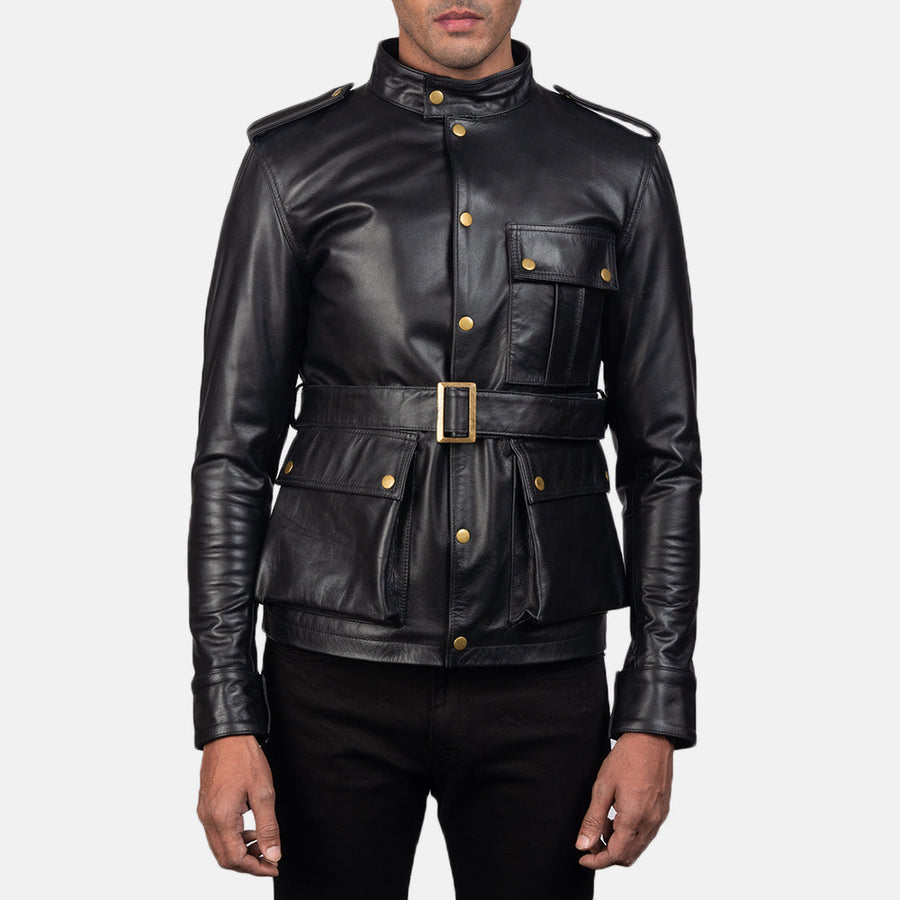 Men’s Black Semi-Aniline Cowhide Leather Jacket with Snap Button Closure