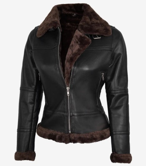 Women Real Leather Bomber Jacket with Faux Shearling, Female's Classic Belted Shearling Collar Leather Jacket