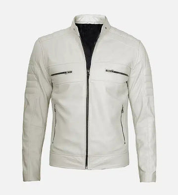 Men’s Sheepskin Leather Café Racer Jacket – White with Padded Shoulders and Black Zippers