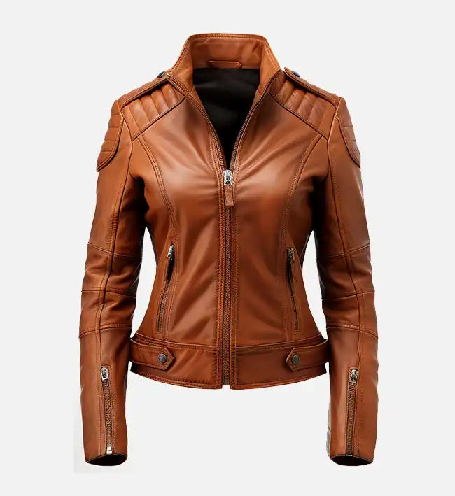 Women’s Sheepskin Leather Bomber Jacket – Brown with Quilted Shoulders and Belted Waist