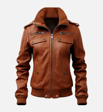 Women’s Brown Sheepskin Leather Bomber Jacket with Ribbed Details