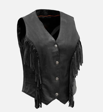 Women’s Black Sheepskin Leather Vest with Fringed Detailing