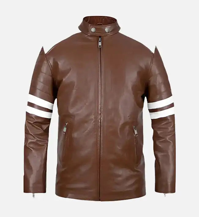 Men’s Sheepskin Leather Jacket – Tan Brown with Contrasting Stripes