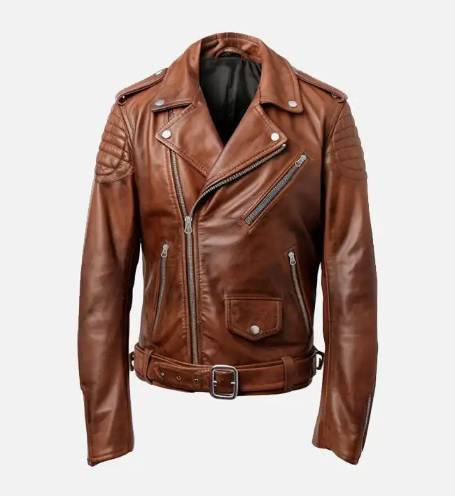 Men’s Sheepskin Leather Biker Jacket – Brown with Asymmetrical Front and Quilted Shoulders