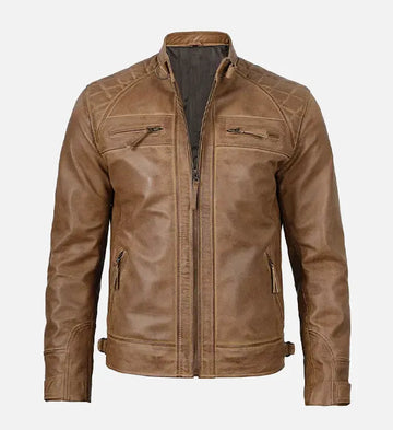 Men’s Sheepskin Café Racer Camel Brown Leather Jacket