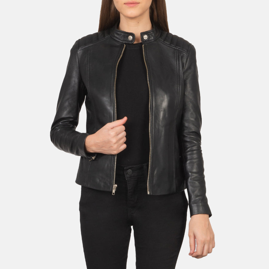 Women’s Sheepskin Genuine Leather Biker Jacket with Quilted Shoulders