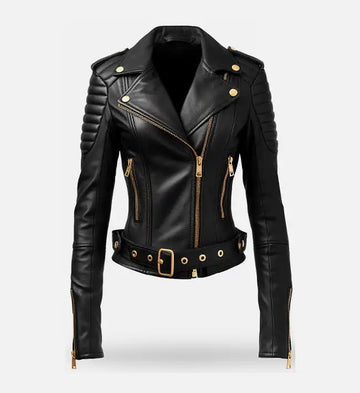 Women’s Black Sheepskin Leather Biker Jacket with Golden Hardware