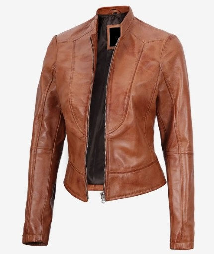 Women's Luxury Lambskin Leather Jacket - Classic Biker Style, Metal Zip Closure - Slim Fit Minimalist Design