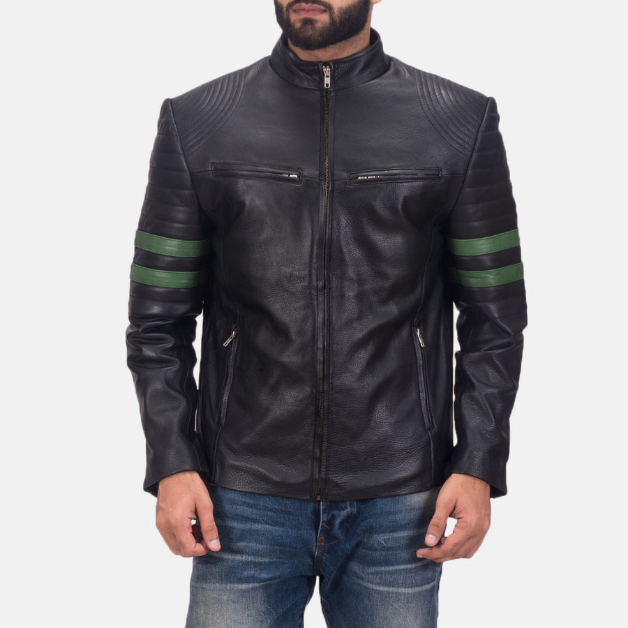 Men’s Black Genuine Cowhide Leather Jacket with Green Sleeve Stripes