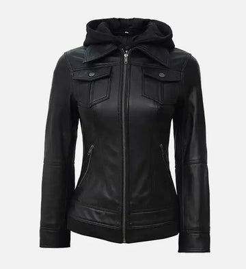 Women’s Sheepskin Leather Jacket – Black with Removable Hood