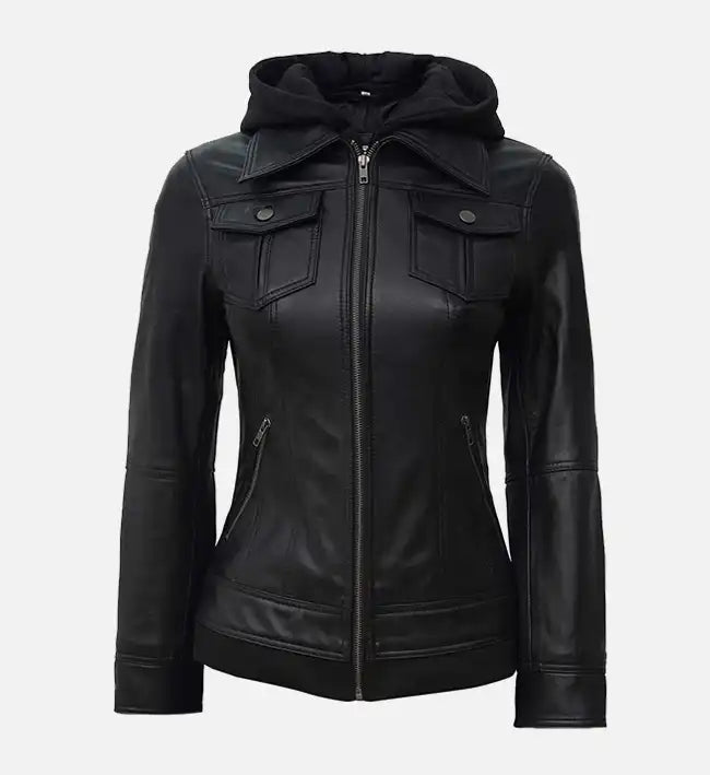 Women’s Sheepskin Leather Jacket – Black with Removable Hood