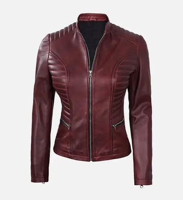 Women’s Sheepskin Maroon Leather Café Racer Jacket with Quilted Padded Detailing