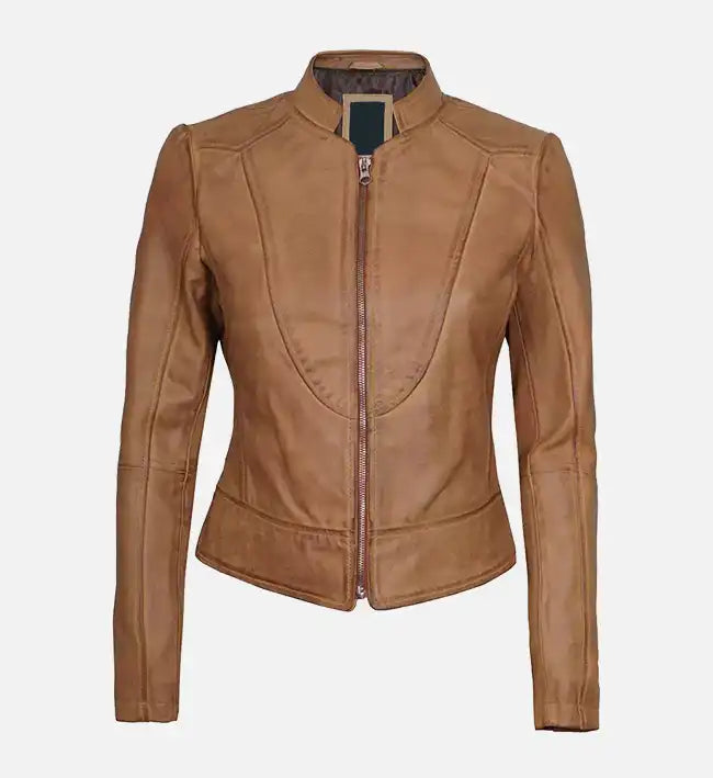 Women’s Sheepskin Leather Jacket – Brown with High Mandarin Collar