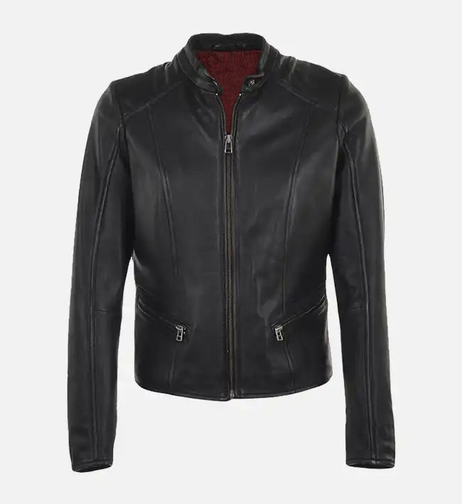 Women’s Sheepskin Leather Bomber Jacket – Classic Quilted Shoulder Design