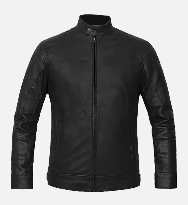 Genuine Sheepskin Leather Jacket – Black with Quilted Panel Sleeves