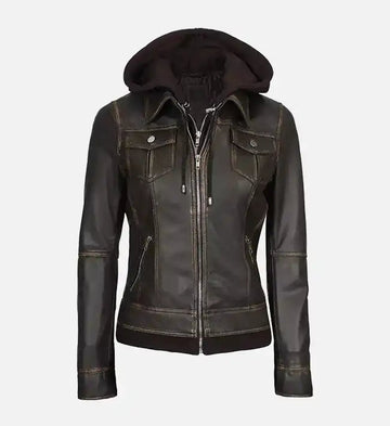 Women’s Sheepskin Leather Bomber Jacket – Dark Brown with Removable Hood