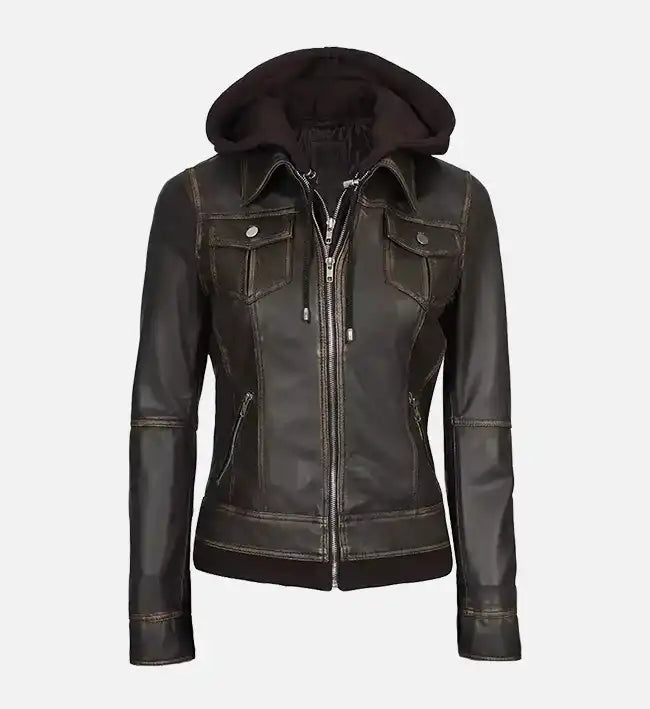 Women’s Sheepskin Leather Bomber Jacket – Dark Brown with Removable Hood