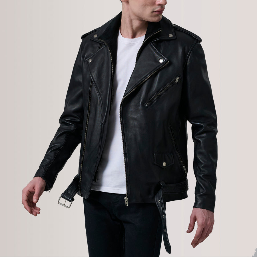 Men’s Sheepskin Leather Rider Jackets with Notch Collar & Waist Straps – Semi-Aniline Finish