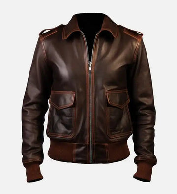Women’s Brown Sheepskin Leather Bomber Jacket with Ribbed Hemline