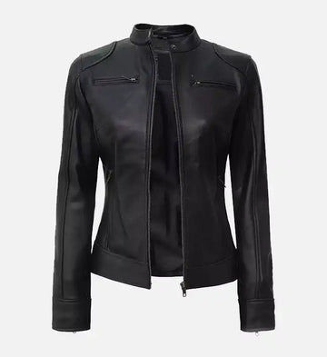 Women’s Sheepskin Leather Jacket – Black Café Racer with Padded Shoulders