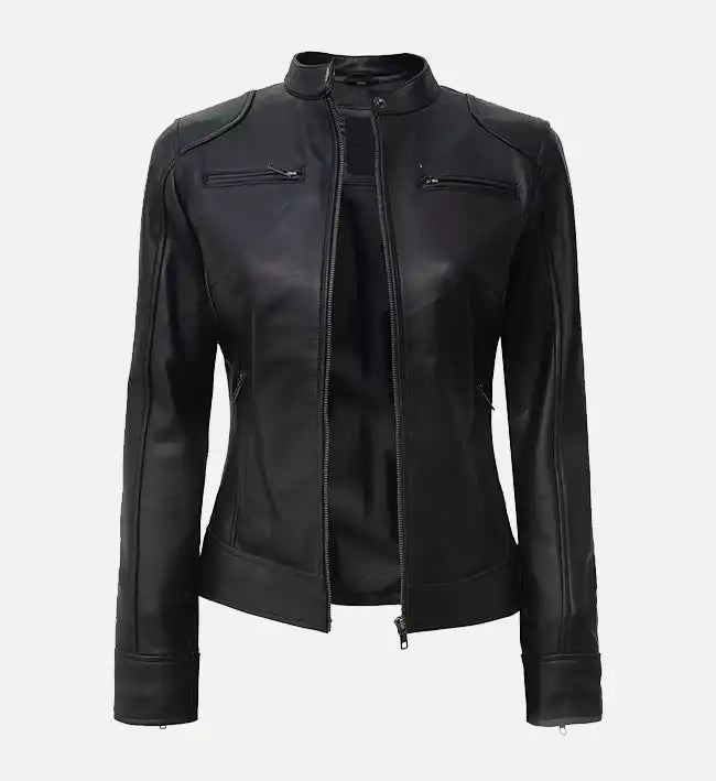 Women’s Sheepskin Leather Jacket – Black Café Racer with Padded Shoulders