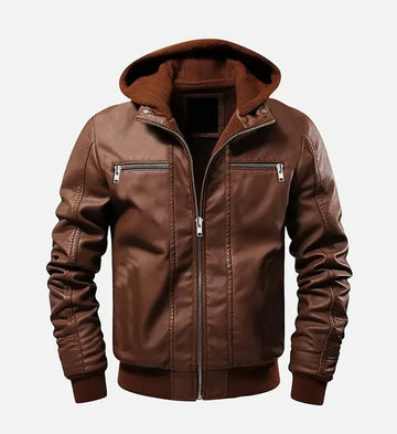 Men’s Vintage Sheepskin Brown Hooded Leather Jacket