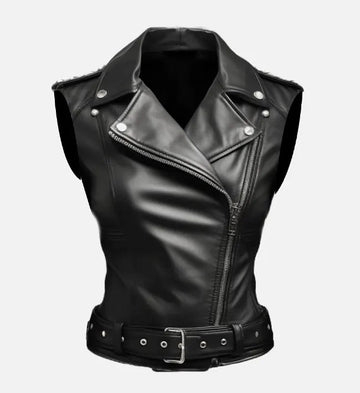 Women’s Black Sheepskin Leather Vest with Studded Accents & Angular Waist Belt