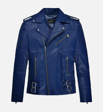 Men’s Sheepskin Leather Biker Jacket – Blue with Shoulder Epaulettes and Waist Belts