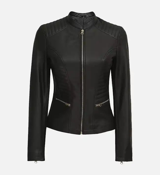 Women’s Sheepskin Leather Café Racer Jacket – Black with Quilted Detailing