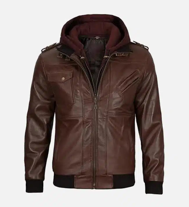 Men’s Sheepskin Dark Brown Leather Bomber Jacket With Hood