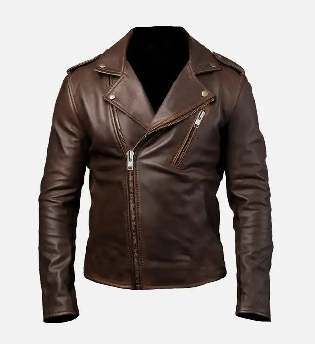 Men’s Sheepskin Leather Rider Jacket – Brown with Wide Lapel and Distressed Finish