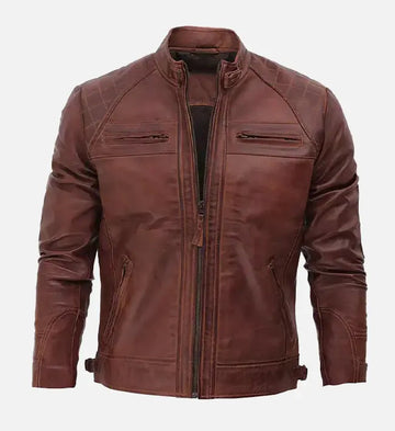 Genuine Sheepskin Brown Café Racer Diamond Quilted Leather Jacket