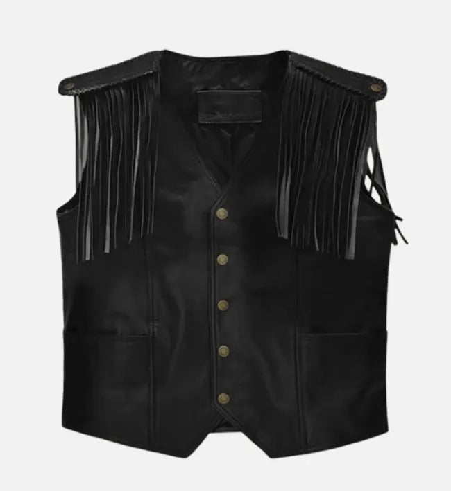 Men’s Black Sheepskin Leather Vest with Fringe & Snap-Tab Shoulders