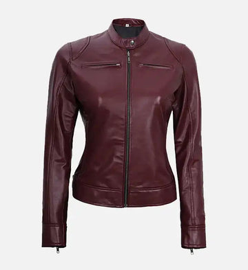 Women’s Sheepskin Leather Jacket – Maroon with Padded Shoulders & Panel Stitching