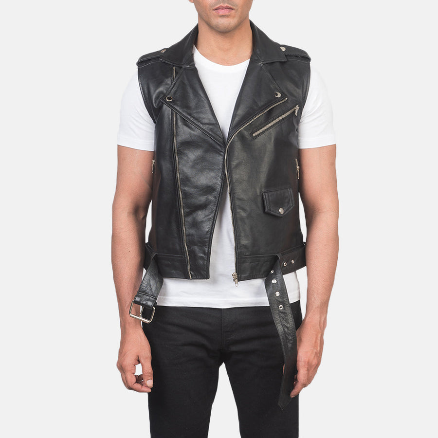 Men’s Black Cowhide Leather Vest with Waist Belt – Semi-Aniline Finish