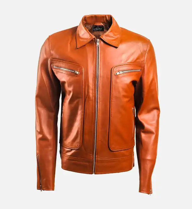 Genuine Sheepskin Brown & Black Leather Jacket with Zip Pocket For Men