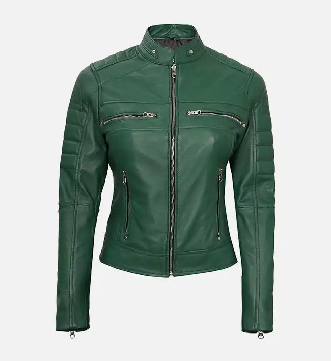 Women’s Sheepskin Leather Café Racer Jacket – Green & Beige with Quilted Shoulders