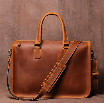 Crazy Horse Leather Laptop Briefcase – Vintage Business Office Messenger Bag