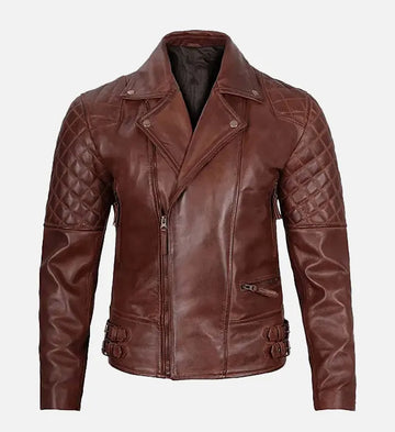 Men’s Sheepskin Leather Biker Jacket – Brown with Quilted Shoulders and Waist Straps
