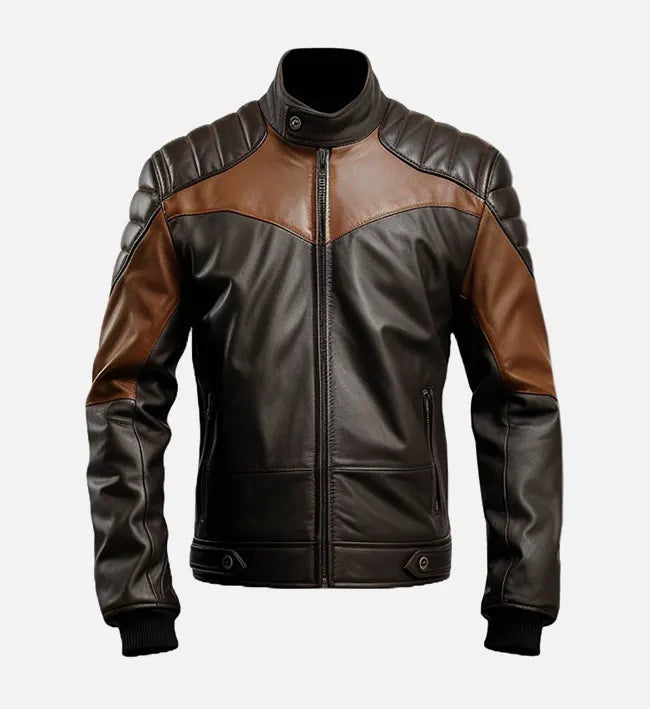 Men’s Café Racer Sheepskin Leather Jacket – Black & Brown Contrast