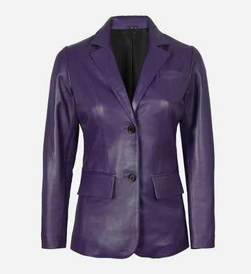 Women’s Sheepskin Two Button Real Leather Blazer – Red & Purple with Notched Lapel Collar
