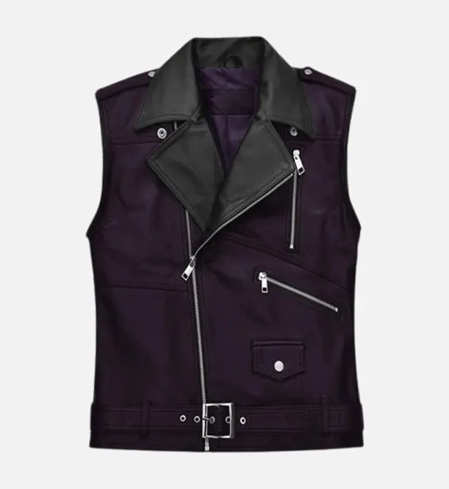 Men’s Sheepskin Leather Vest – Purple with Notched Lapel & Belted Waist