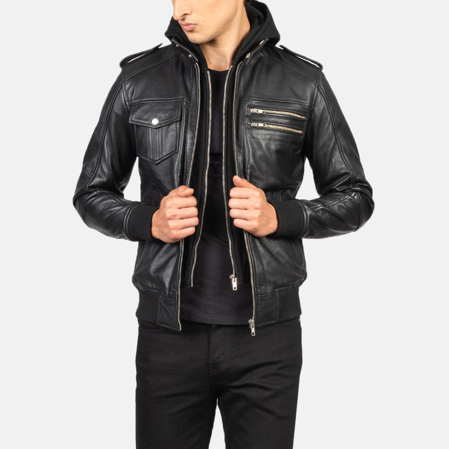 Men’s Sheepskin Leather Jacket with High-Neck Collar & Removable Hood