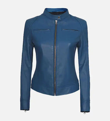 Women’s Signature Sheepskin Blue Café Racer Leather Jacket