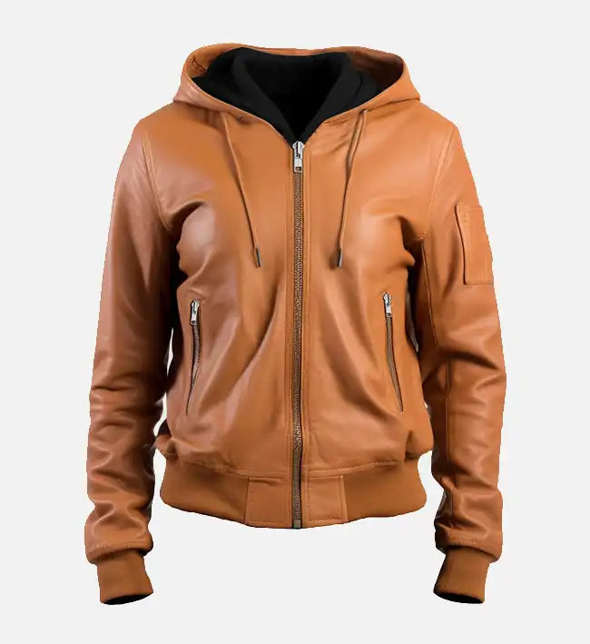 Women’s Sheepskin Leather Bomber Jacket – Brown with Hooded High-Neck Collar
