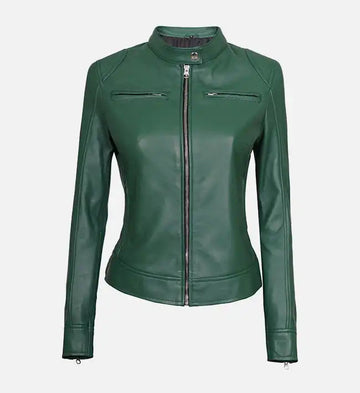 Women’s Sheepskin Dodge Green Café Racer Leather Jacket