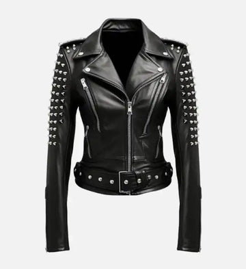 Women’s Sheepskin Stud Biker Black Leather Jacket
