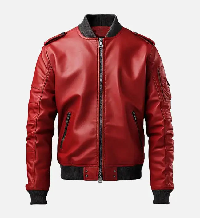Men’s Stylish Sheepskin Leather Jacket – Red with Ribbed Detailing and Shoulder Epaulets